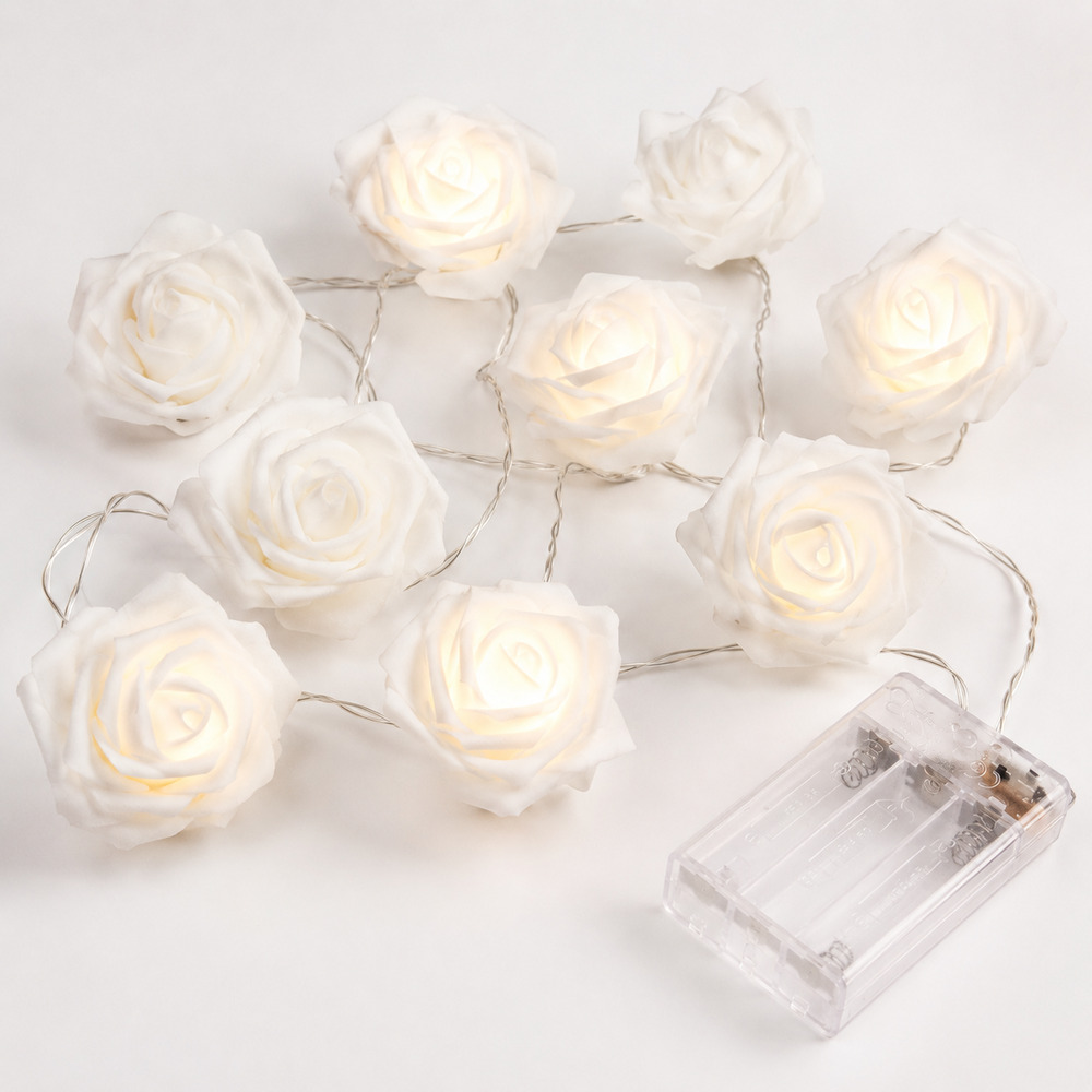 10-Piece White Rose Flower String Lights Battery Operated Fairy Lights